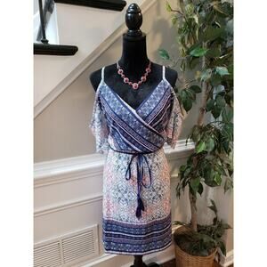Maurices Dress Women Size X-L Blue Pink Boho Cold Shoulder Wrap Midi Belted